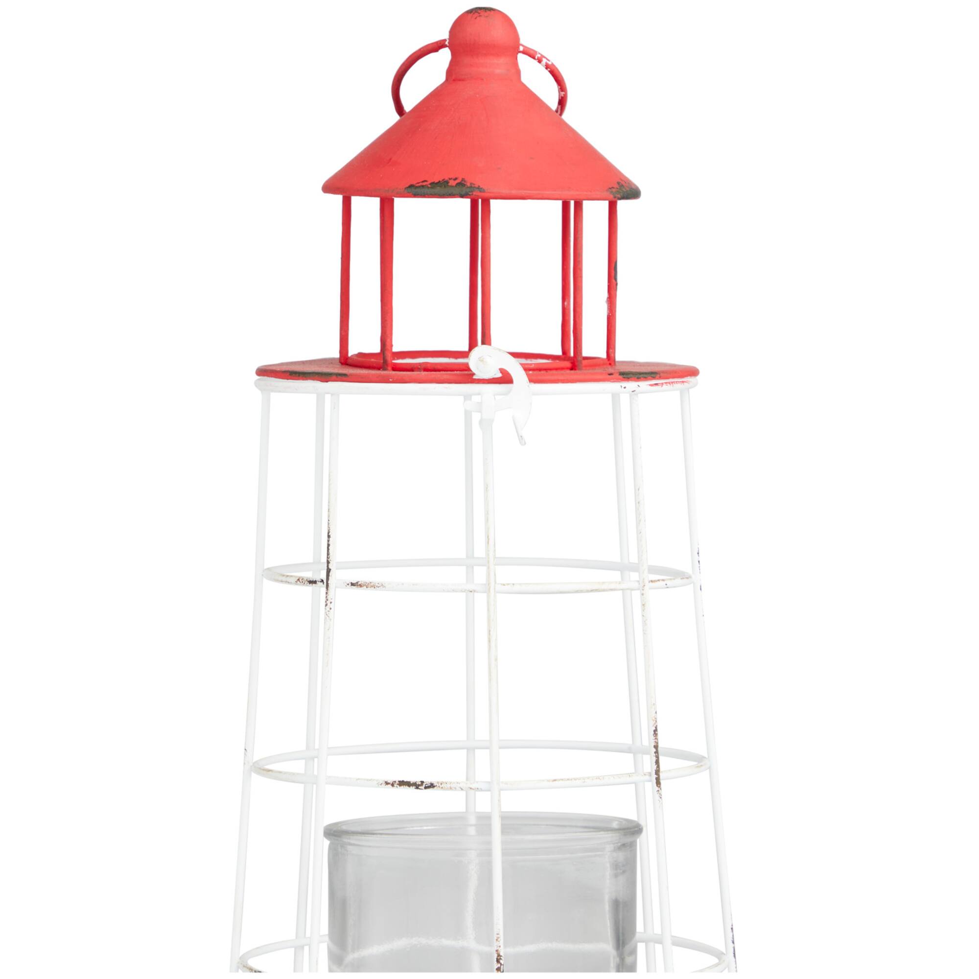 15" Red Metal Distressed Decorative Light House Candle Lantern